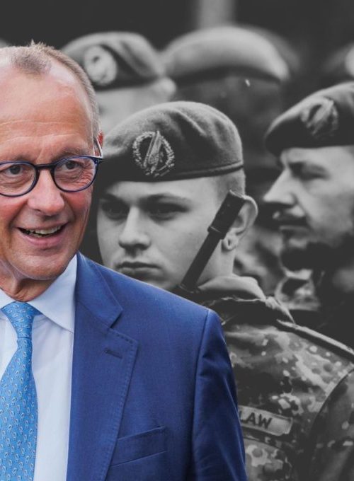 In primo piano il cancelliere tedesco Friederich Merz; sullo sfondo, alcune truppe dell'esercito tedesco